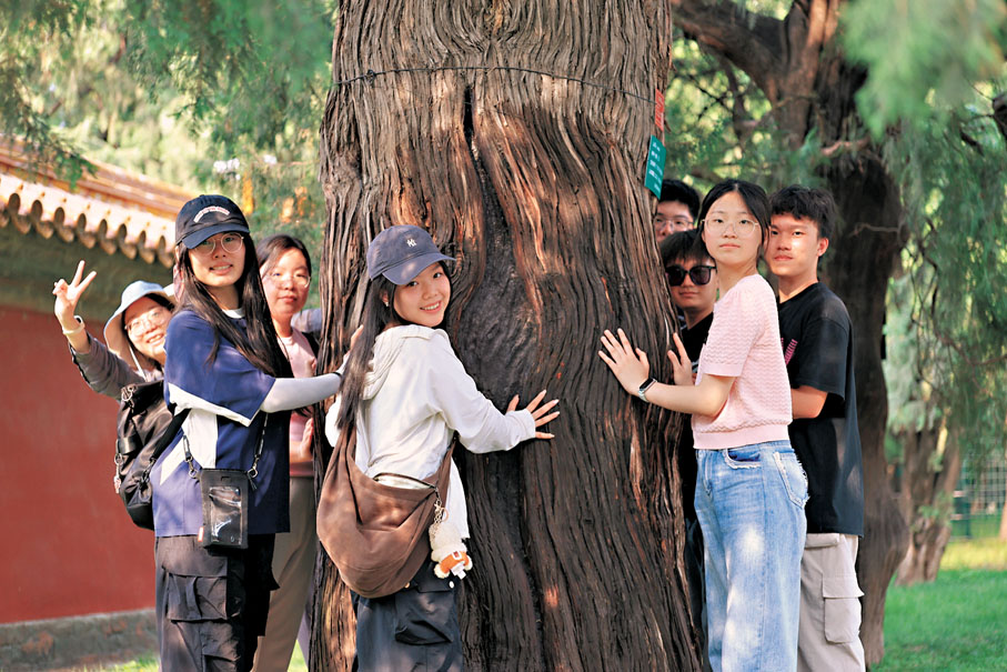 ●徐紫涵(右二)和同學們在地壇公園量度大樹樹圍。