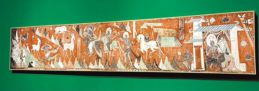 ●展出的敦煌壁畫複製圖《鹿王本生圖》呈現了中國民間故事《九色鹿》的故事原型。 