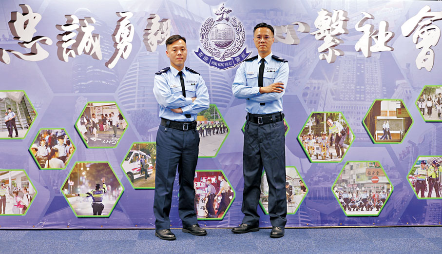 ●警長鍾肇恒（左）及郭凱傑（右）分享當日休班期間合力阻止血案經過。香港文匯報記者鄧偉明  攝