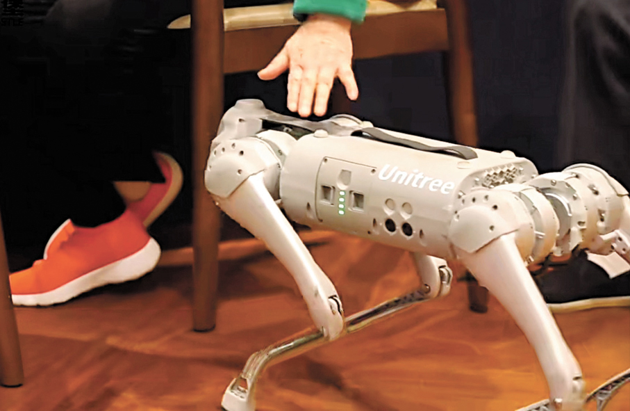 ●老人對機器狗興趣十足，伸手去觸碰。 香港文匯報上海傳真