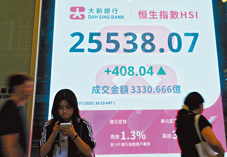 ●市場憧憬中美關係將持續改善，大量買盤流入港股，當中以科技股最突出，恒指再創逾3年半新高。 中新社