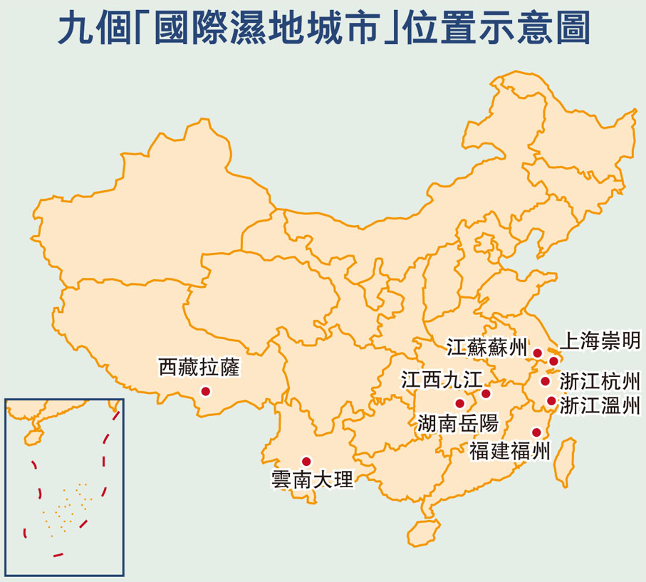 九個「國際濕地城市」位置示意圖