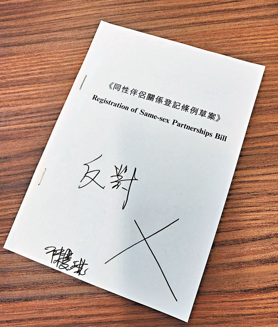 ●立法會議員陳曼琪堅決反對《同性伴侶關係登記條例草案》。 陳曼琪Fb圖片