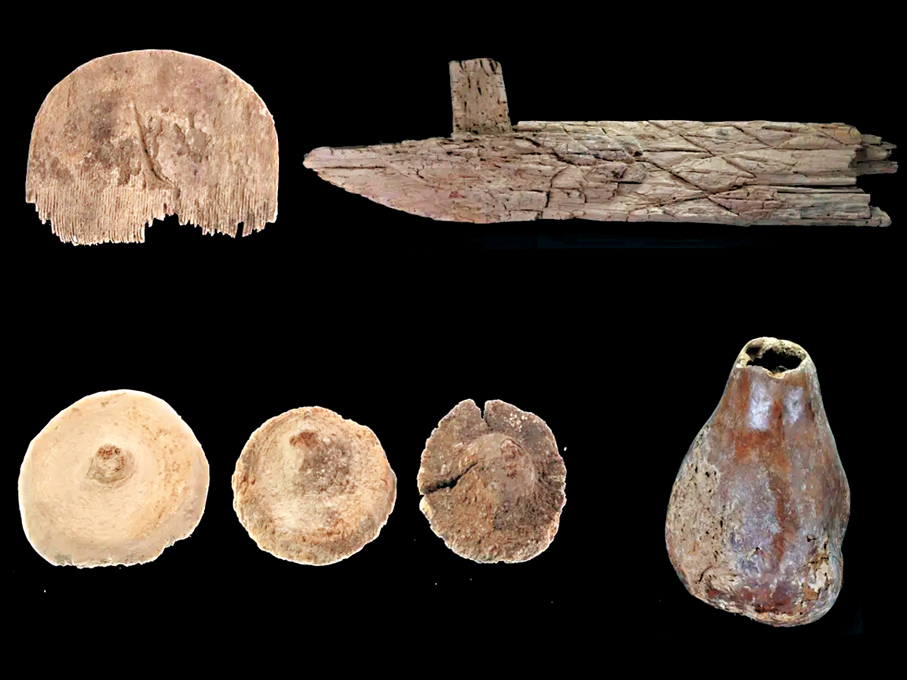 ●莫爾寺遺址出土的篦子等遺物。