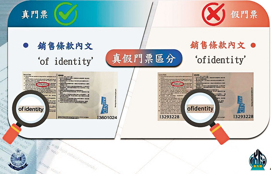 ●假門票背後用英文寫上的第三點條款後段，在「of identity」位置處的「of identity」是連結一起。
