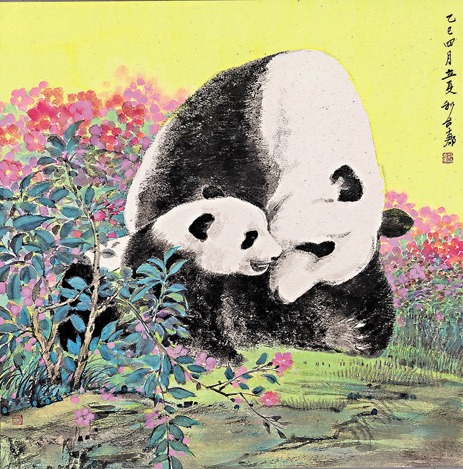 ●《母子情深》68cm×68cm水墨設色。 作者畫作