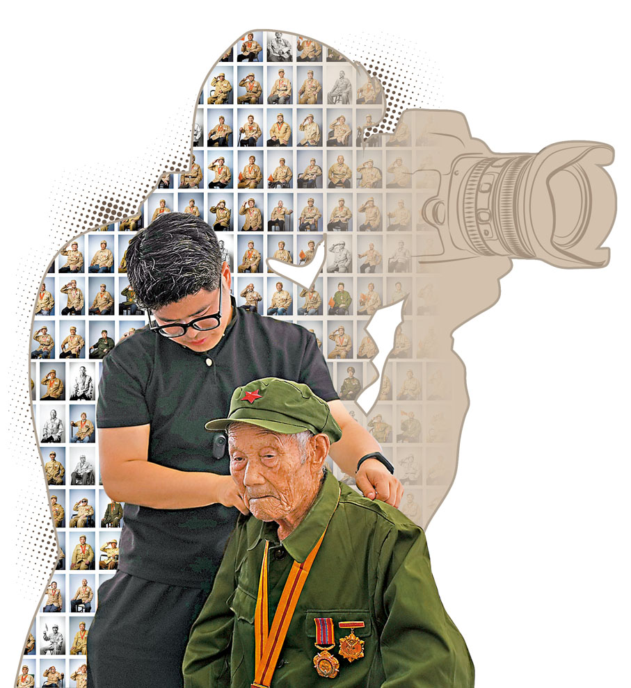 ●拍攝前，韓佳龍細心地為湖北武漢抗戰老兵阮觀啟整理衣物。