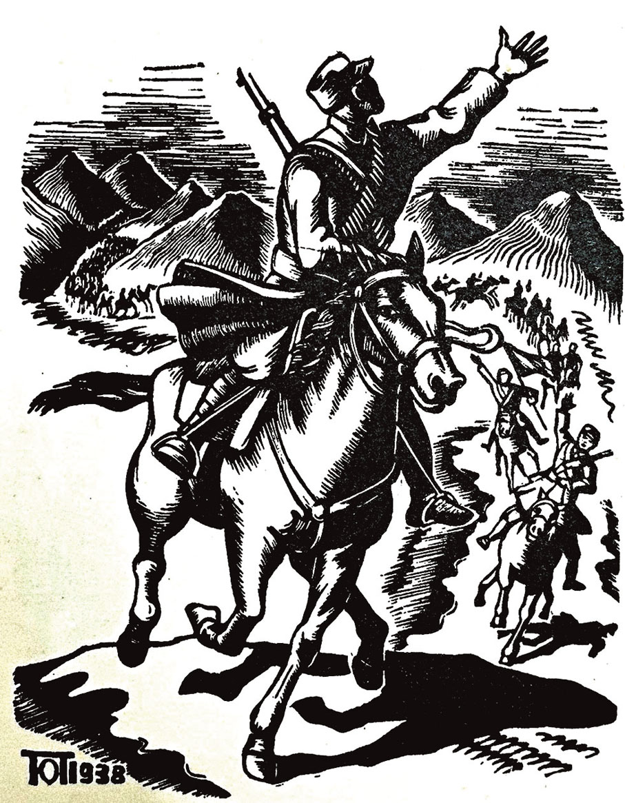 ●梁永泰於十七歲時創作的抗戰版畫《戰鬥中的鐵騎》。 作者供圖