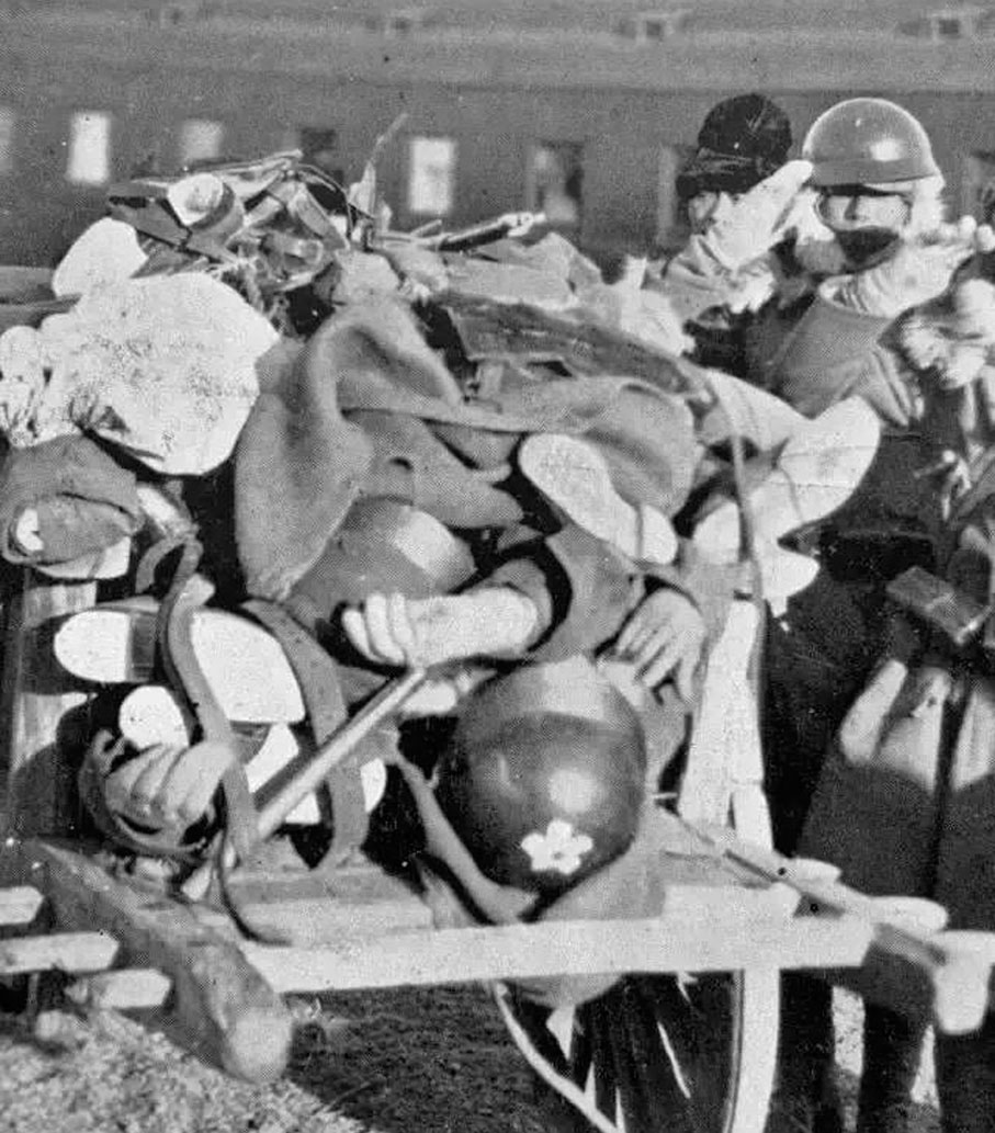 ●江橋戰役令日軍損失慘重。圖為日軍屍體被牛車拉向後方。香港文匯報新聞調查部翻拍