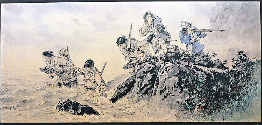 ●圖中插畫描繪的場景，是1938年10月，東北抗日聯軍第2路軍5軍婦女團政治指導員冷雲、班長楊貴珍、班長胡秀芝、原第4軍被服廠廠長安順福、郭桂琴、黃桂清、李鳳善、王惠民等8位女戰士，在西征途中為掩護大部隊轉移，陷入敵人包圍後，投入冰冷的烏斯渾河，壯烈犧牲。