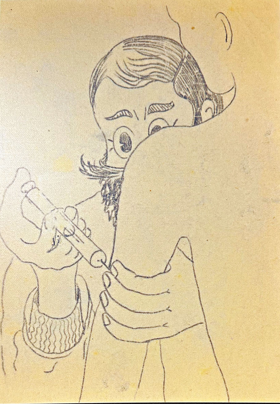 ●1475號戰俘威廉·克里斯蒂·沃特克在戰俘營中所作漫畫：日本醫生在給患病的戰俘「注射」。香港文匯報記者于珈琳  攝