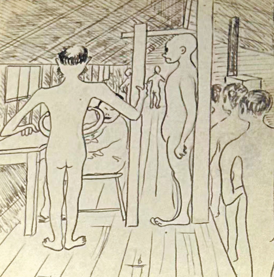 ●在1475號威廉·克里斯蒂·沃特克的畫作中，戰俘們正排隊接受「體檢」。據此後曾回訪中國的許多戰俘回憶，他們很多人都認為日軍在美軍戰俘身上做了細菌試驗。香港文匯報記者于珈琳  攝