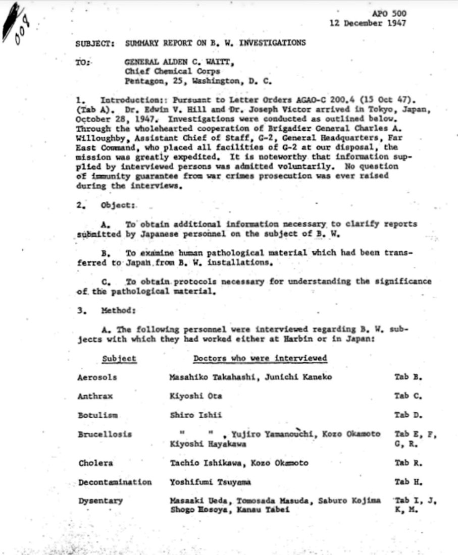 ●美國國家檔案館公開的德特里克堡基礎科主任埃德溫·希爾在東京問訊了石井四郎、北野政次等20餘人後，向美國總部提交的報告備忘錄。香港文匯報新聞調查部  翻拍