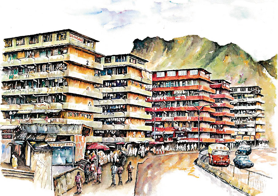 ●明月描繪的1960年代的黃大仙徙置區及獅子山。 受訪者供圖