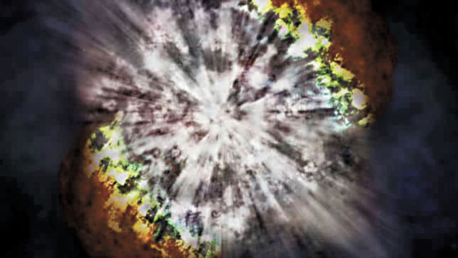 ●超新星爆發可能持續幾周至幾個月甚至幾年才會逐漸衰減，並留下由膨脹的氣體和塵埃構成的殼狀結構殘骸，稱作超新星殘骸。圖為超新星爆發景象（上圖）及爆發後殘骸（下圖）。 資料圖片