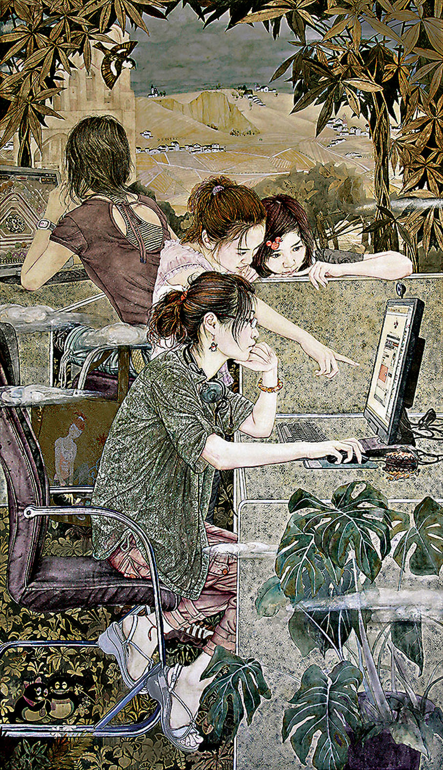 ●紙本重彩作品《e度空間之二》，2010年，210×120cm，中國美術館收藏