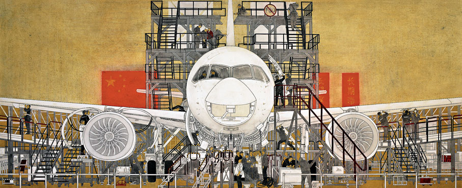 ●《中國製造走向世界—C919大飛機》，2019年，506×203cm