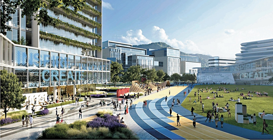 ●李家超表示，期望北都大學城與創科界及產業產生協同效應，做到「一加一大於二」的效果。圖為牛潭尾內的大學城模擬圖。 資料圖片