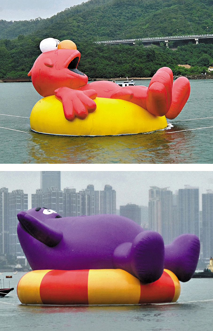 ●全球首創的「維港海上大巡遊」將有包括KAWS & 芝麻街（Elmo）（上）及滑嘟嘟（下）在內的眾多國際IP出巡。香港文匯報記者涂穴  攝