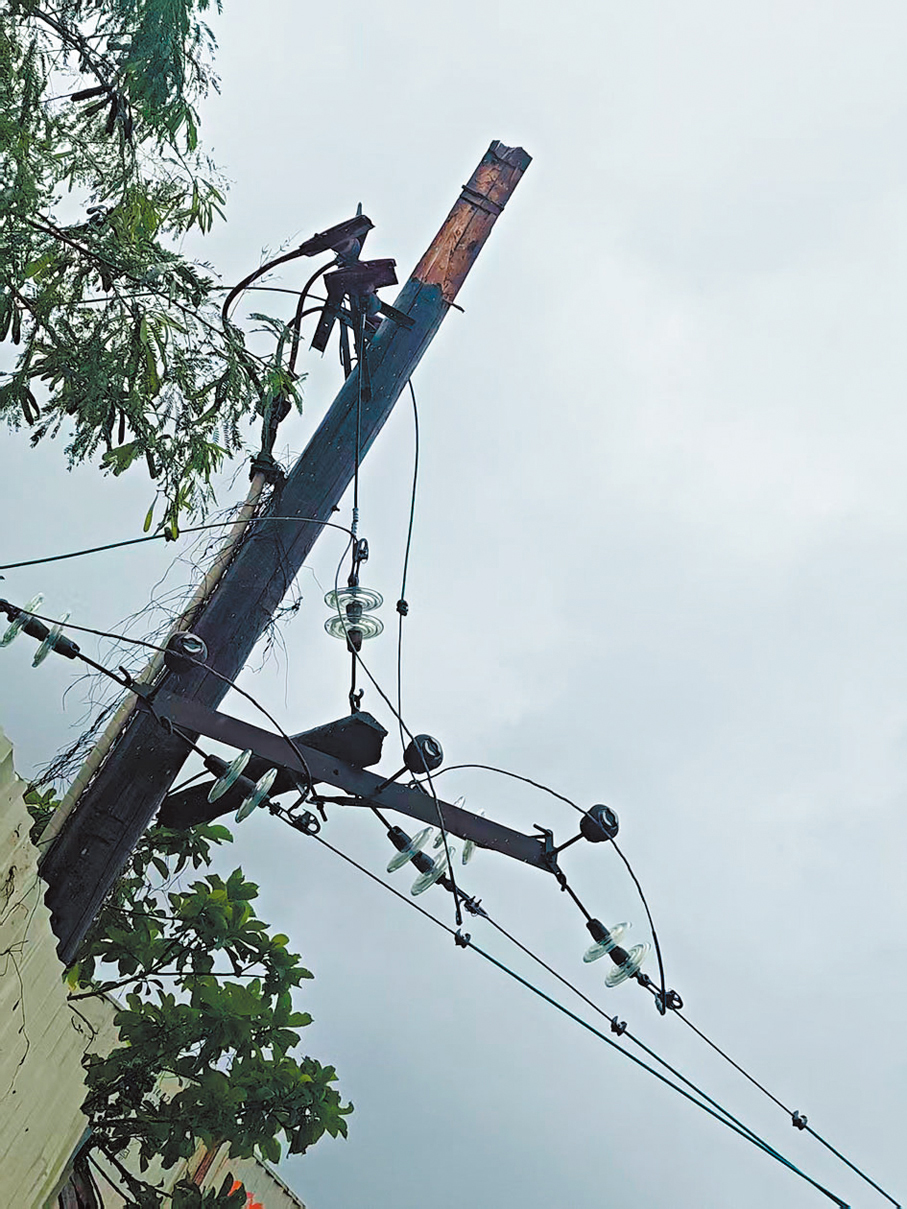 ●打鼓嶺有電線杆遭颶風吹斷，數十戶受影響停電。讀者圖片