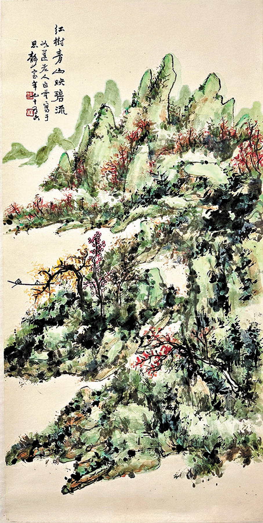 ●紅樹青山，137×69cm，紙本設色，1991年