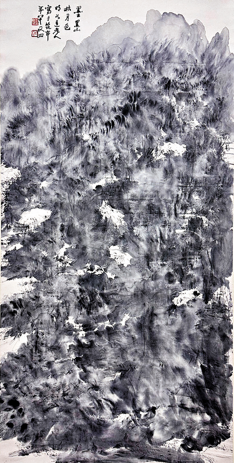 ●墨黑山林月色明，136.5×68.2cm，紙本水墨，1998年