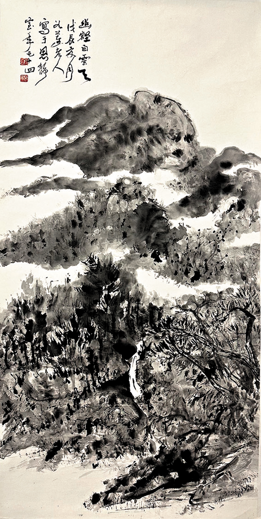 ●幽壑白雲天，138×69cm， 紙本水墨，1989年