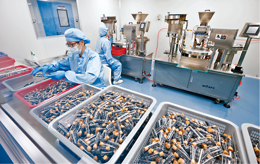 ●太和洞藥廠外包裝生產線質檢工作。香港文匯報記者郭木又  攝