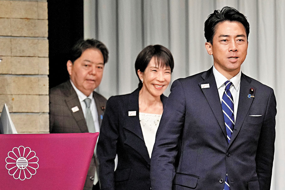 ●小泉進次郎（右）、高市早苗（中）及林芳正被認為最有機會進入決選。 美聯社