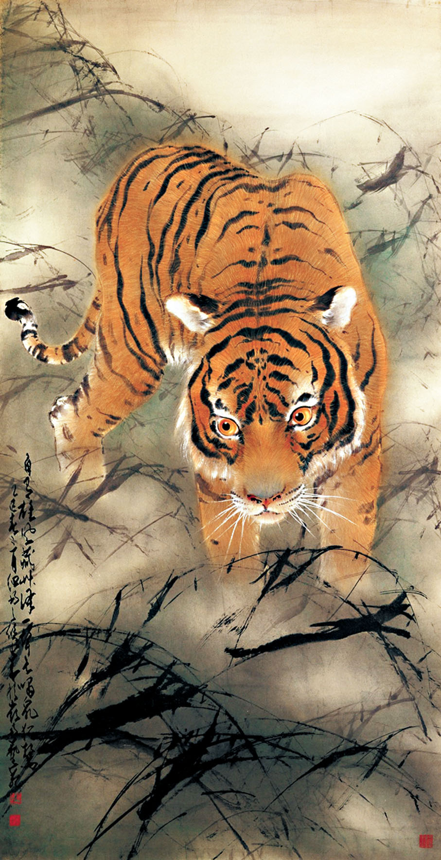 【《草澤雄風》（1965年）】趙少昂認為在繪畫老虎時，既要表達老虎的兇性，同時也要飾上一層純善。因此趙少昂筆下的老虎，看來都不是兇殘的猛獸。作品中猛虎蓄勢待發，雙眼兇狠中閃現仁慈，體態威猛，卻透着靈性。