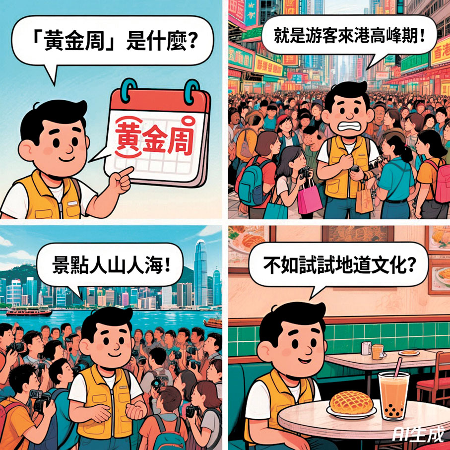 ●在混元圖像3.0輸入簡單指令，僅等候約一分鐘，迅即按要求生成「黃金周」四幅風格各異的科普漫畫。