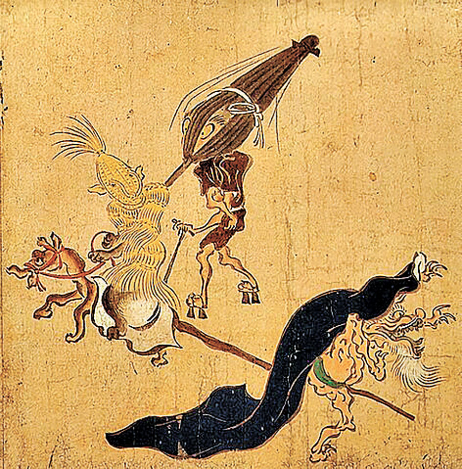 ●《百鬼夜行繪卷》（作者不詳）。繪有草履、杖、傘、黑布的付喪神。 網上圖片