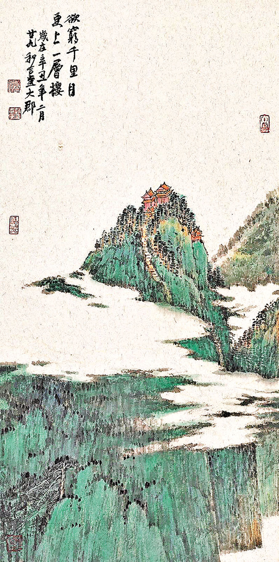 ●《更上一層樓》紙本設   色67.5cm×33.5cm。