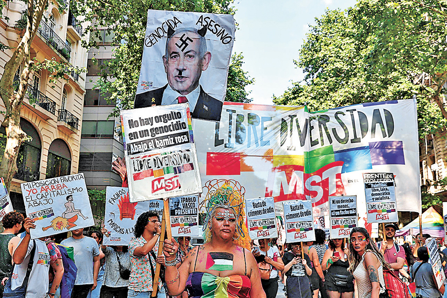 ●多國民眾不滿內塔尼亞胡，圖為阿根廷示威者。 法新社