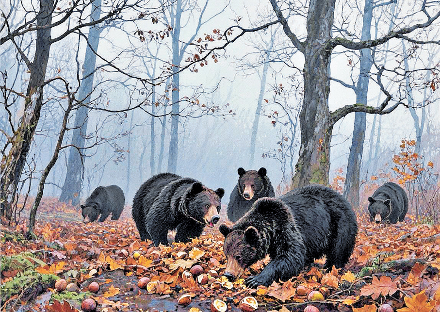 ●AI製圖：黑熊在採食山毛櫸堅果。作者供圖