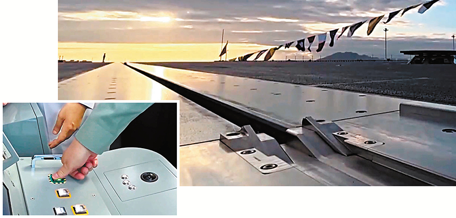 ●習近平來到彈射綜合控制站，仔細觀摩工作流程，按下彈射按鈕，甲板上空載的動子如離弦之箭彈向艦艏。 視頻截圖