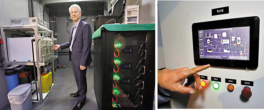 ●潘炳揚（左圖）介紹環保集裝箱廁所的核心技術在於生化處理污水系統，能夠高效處理人類排洩物，並實現水資源的循環利用。香港文匯報記者曾興偉 攝