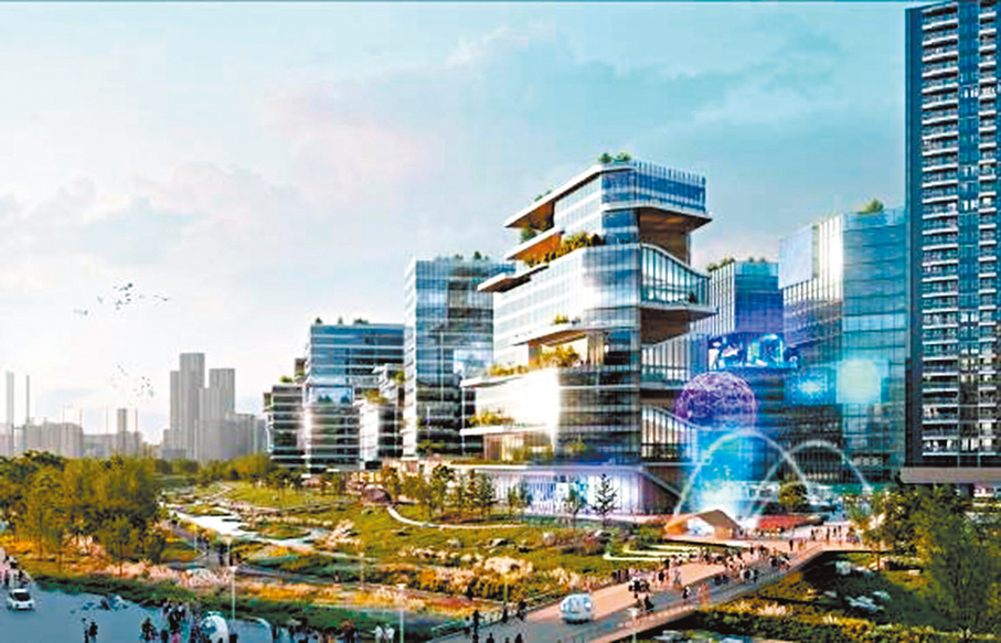 ●孫東表示，為緊密對接國家的發展戰略，周四將會公布北部都會區《新田科技城創科產業發展規劃概念綱要》，並就新產業發展定位、產業和空間地塊的分布，及發展模式這三部分進行闡述。圖為創新科技園區模擬圖。 新田科技城網站圖片