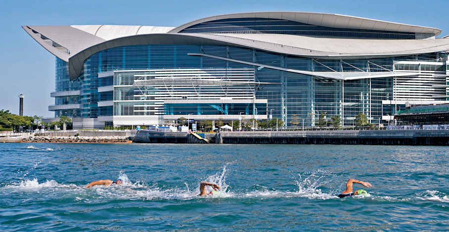 ●11月16日，參賽選手在鐵人三項混合接力決賽的游泳比賽中。 新華社