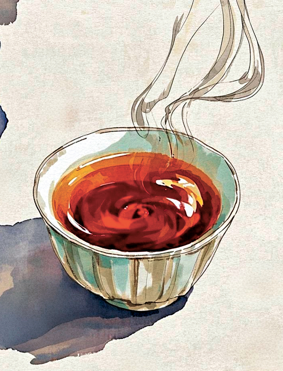 ●泡開的茶水香氣氤氳。 AI繪圖