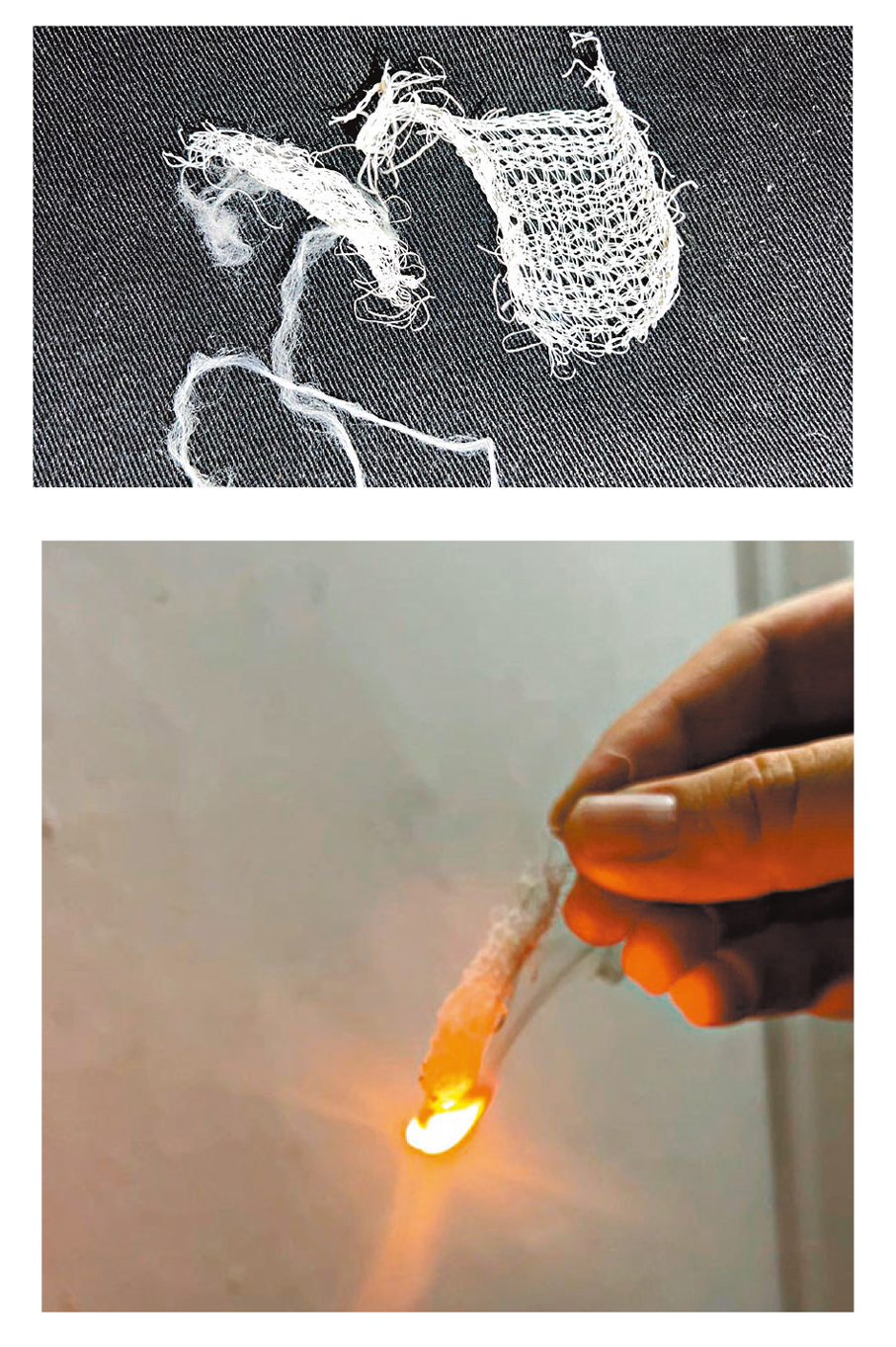 ●記者從垃圾斗內撿取被棄置的灰白色棚網物料主體樣本（上圖），並即進行燃燒測試（下圖），結果一觸火即烈焰竄升。