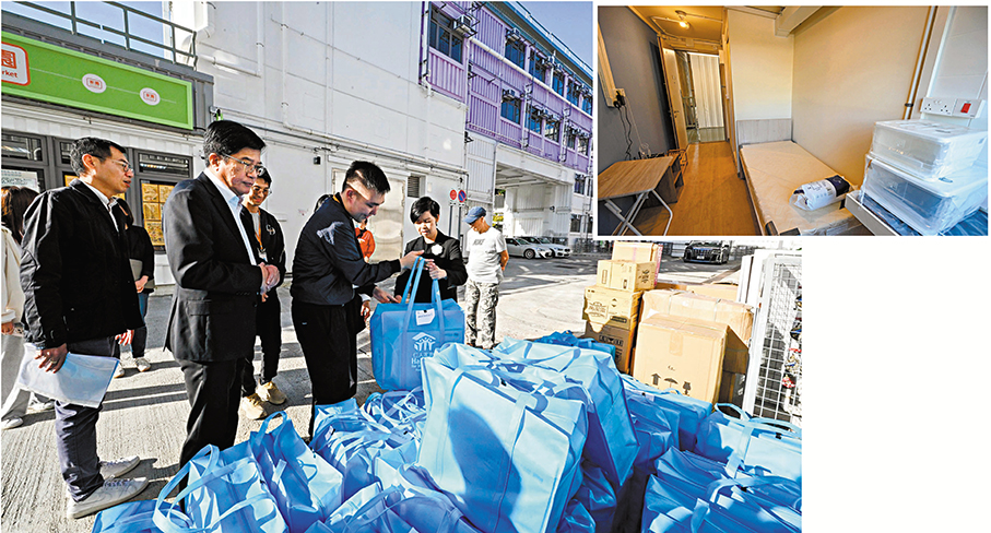 ●黃偉綸昨日與何永賢到其中一個位於元朗的過渡性房屋項目，探訪及慰問受大埔火災影響而獲安排入住的居民。黃偉綸Fb圖片