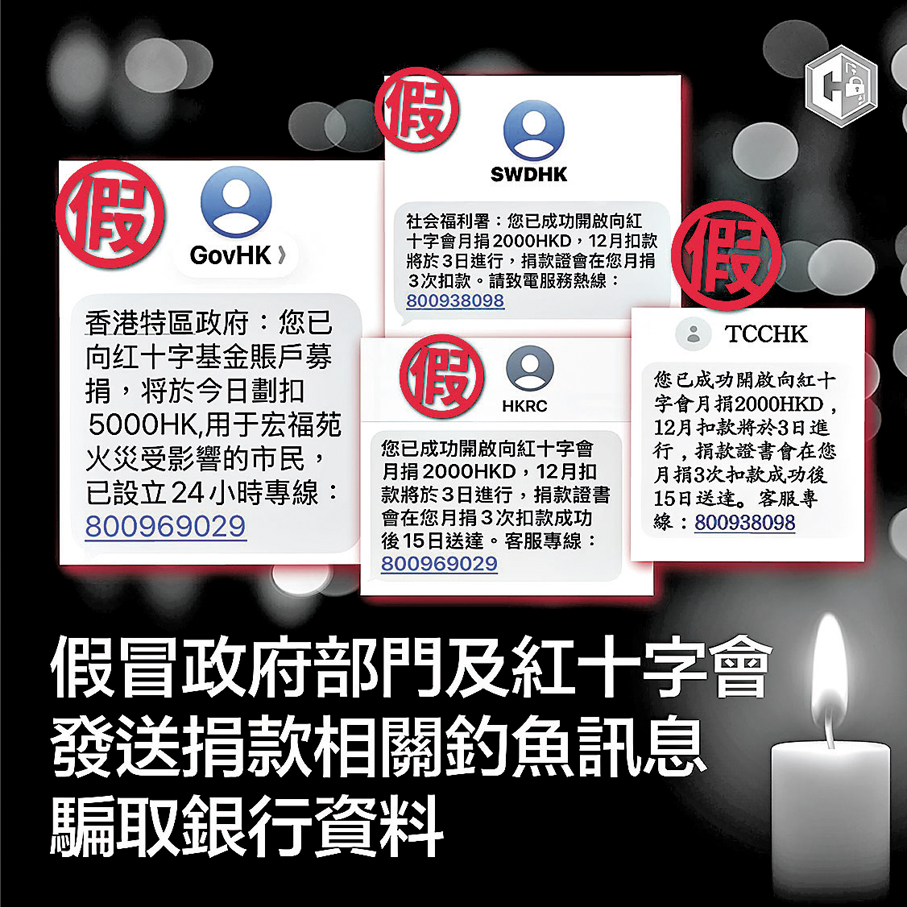 ●警務處在社交平台「守網者」提醒市民慎防假冒大埔火災捐款騙局。香港警察Fb圖片