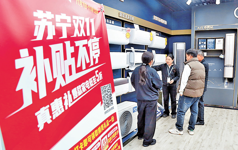 ●11月11日，在河南省洛陽市汝陽縣劉伶路蘇寧店，店員向消費者宣傳國家補貼政策。 資料圖片