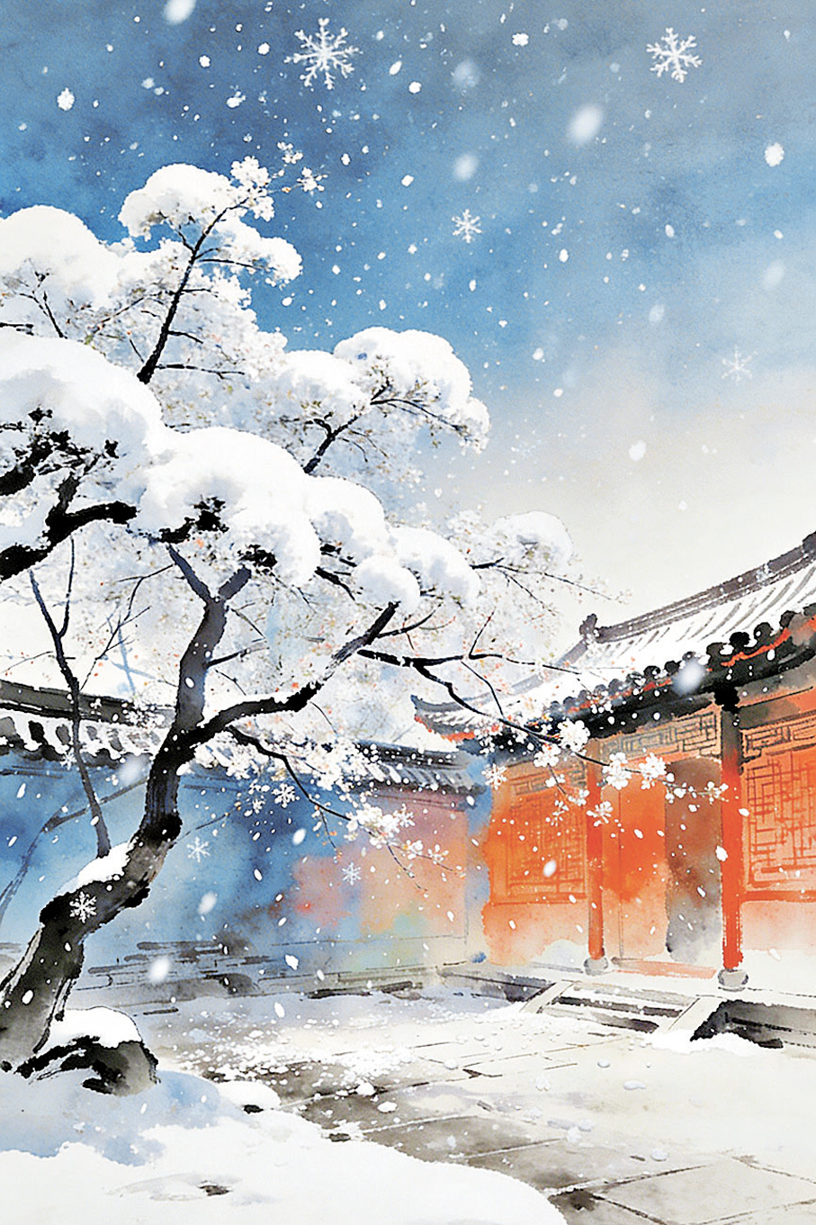 ●雪花穿過庭院中的樹木，像飛花一樣飄落。 AI繪圖