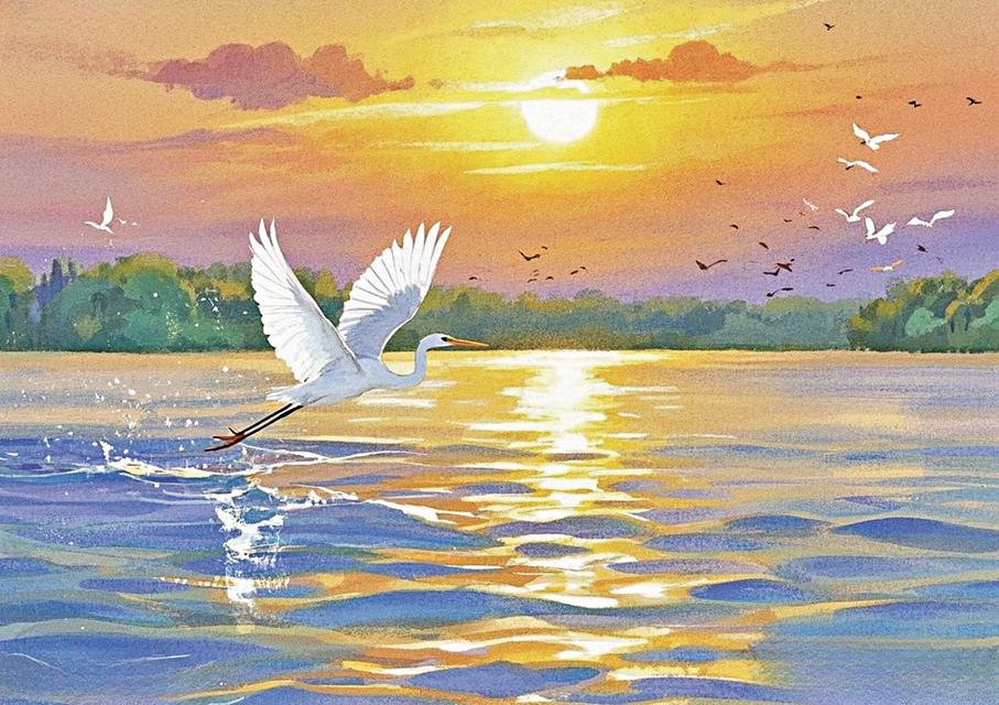 ●看白鷺展翅追逐流漾的波紋，那是心中渴望的飛翔。 AI繪圖