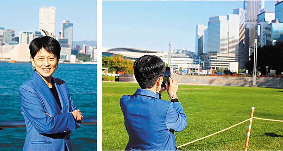 ●劉文君在接受專訪時，看見陽光下建築群，忍不住舉機留影（右圖）。 香港文匯報記者李千尋  攝