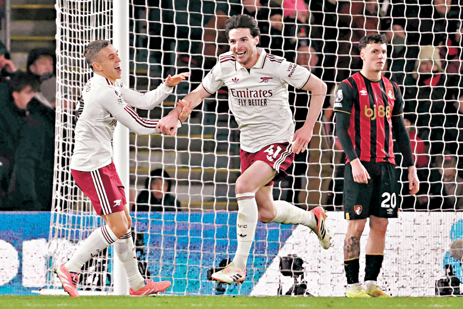 ●賴斯（中）首次在英超個人梅開二度。  法新社