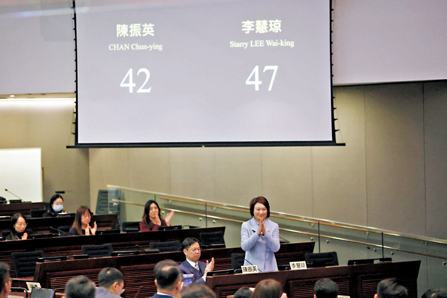 ●李慧琼以47票當選立法會主席。她當選後會見傳媒時表示，本屆立法會首次會議於下周三舉行，聚焦討論大埔火災的善後工作。