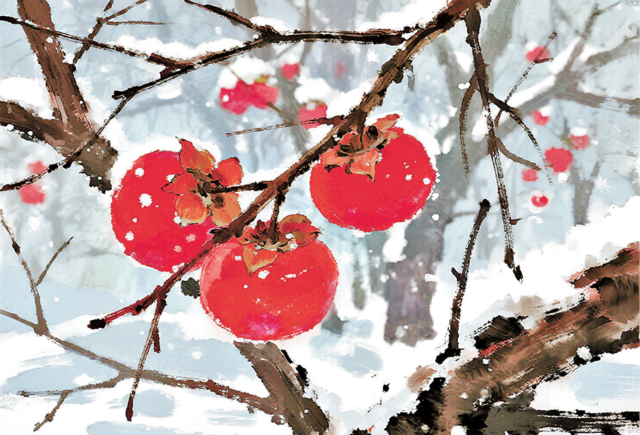 ●野柿子凍得硬邦邦。 AI繪圖